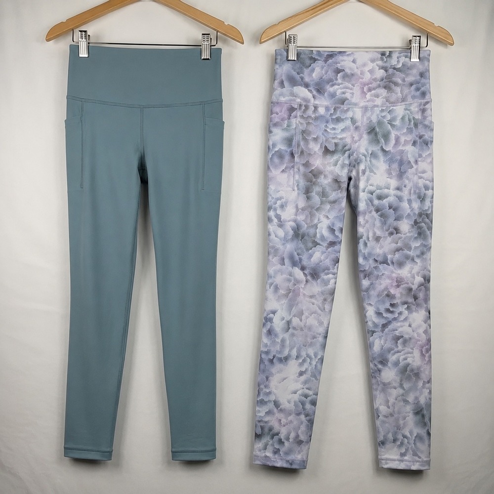 Athleta Salutation Stash Pocket Tights Bundle Teal Blue & Floral Print Leggings